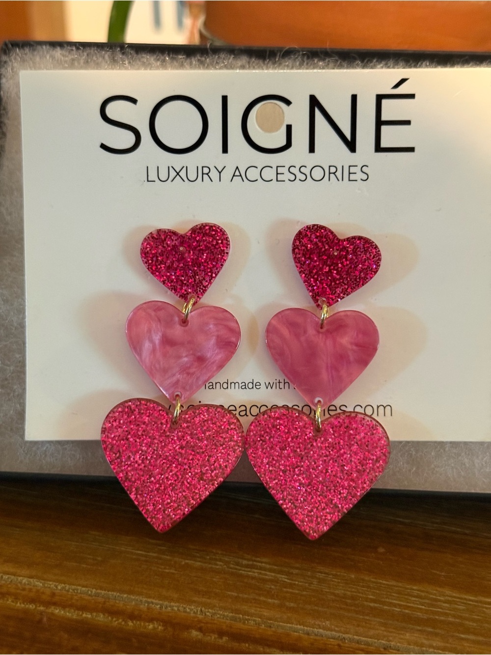 Soigné Pink Triple Heart Drop Earrings — Glitter & Marbled Design